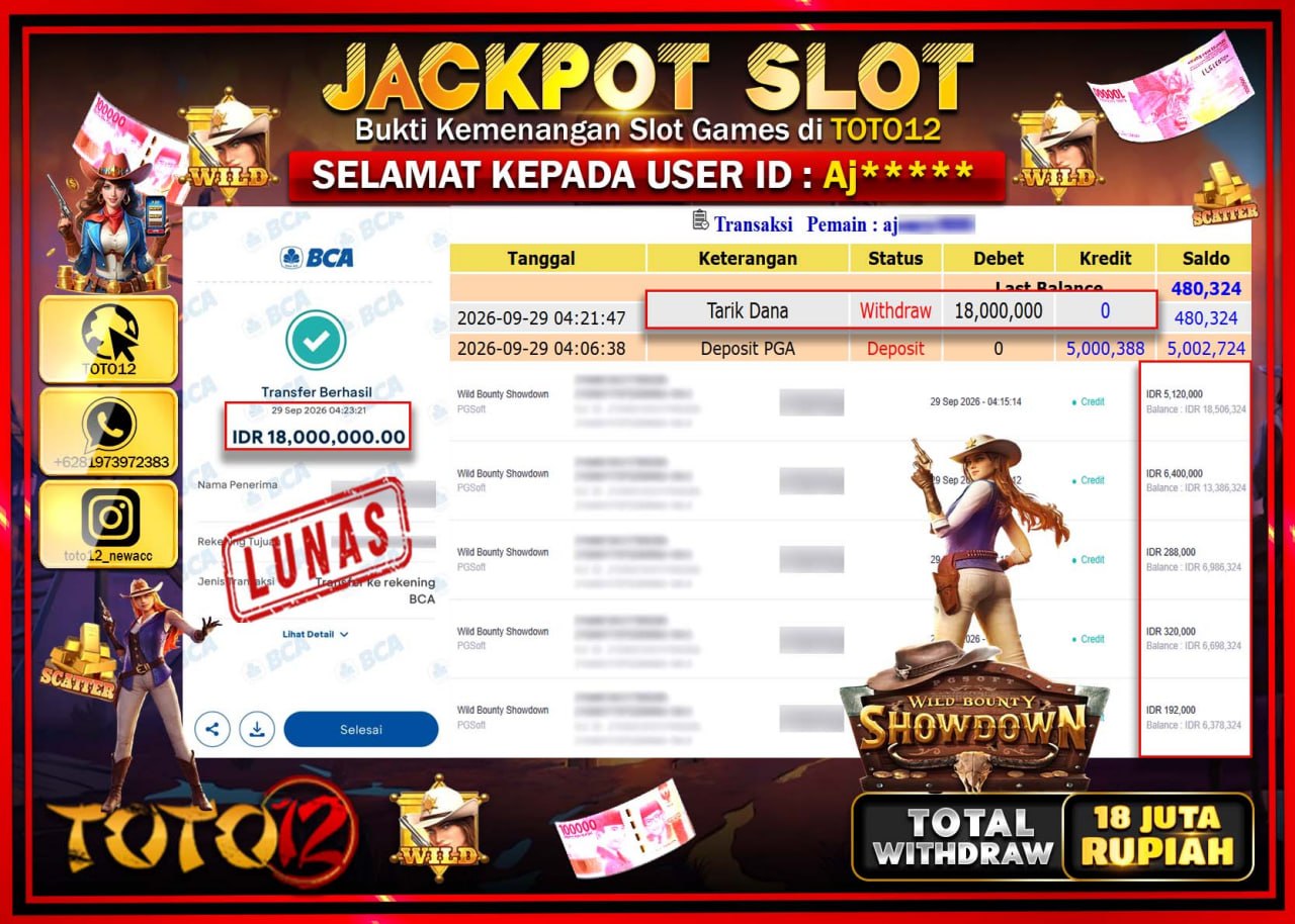 HANYA DI TOTO12 JP PASTI DI BAYAR LUNAS DAN CEPAT!!!!!! JACKPOT SLOT GAME (WILD BOUNTY SHOWDOWN) Rp18.000.000!!!!