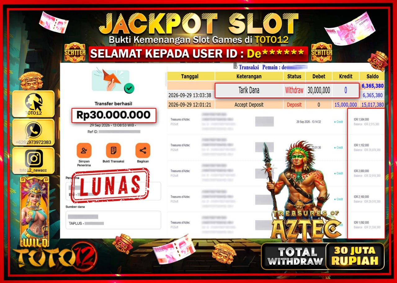 HANYA DI TOTO12 JP PASTI DI BAYAR LUNAS DAN CEPAT!!!!!! JACKPOT SLOT GAME (TREASURES OF AZTEC) Rp30.000.000!!!!