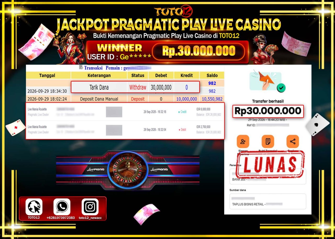 HANYA DI TOTO12 JP PASTI DI BAYAR LUNAS DAN CEPAT!!!!!! JACKPOT PRAGMATIC PLAY LIVE CASINO (MANIA ROULETTE) Rp30.000.000!!!!