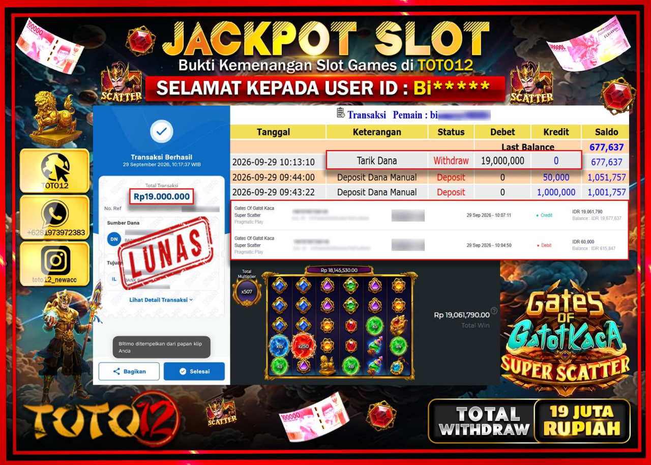 HANYA DI TOTO12 JP PASTI DI BAYAR LUNAS DAN CEPAT!!!!!! JACKPOT SLOT GAME (GATES OF GATOT KACA SUPER SCATTER) Rp19.000.000!!!!