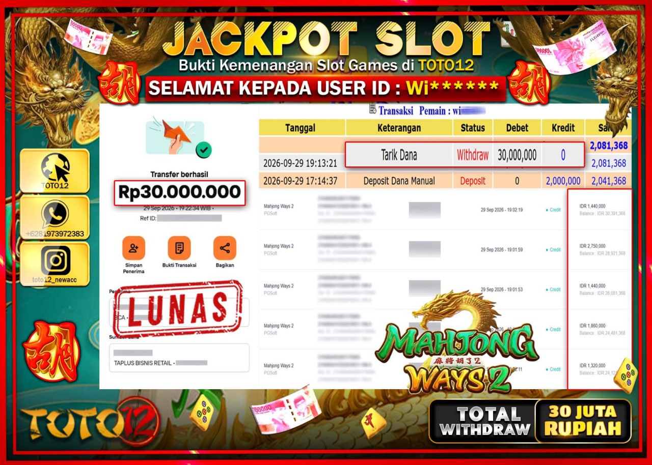 HANYA DI TOTO12 JP PASTI DI BAYAR LUNAS DAN CEPAT!!!!!! JACKPOT SLOT GAME (MAHJONG WAYS 2) Rp30.000.000!!!!