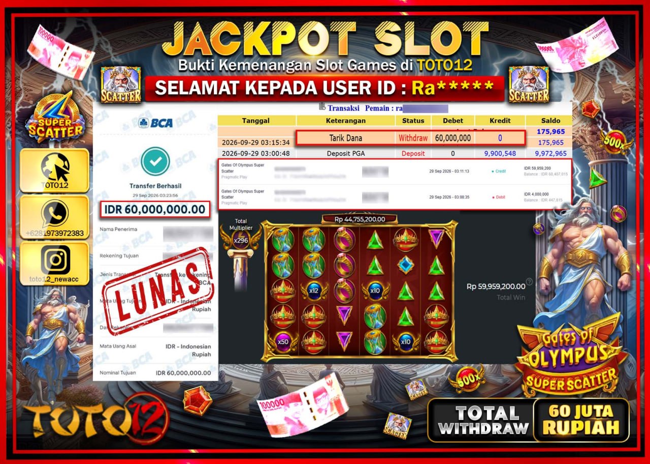 HANYA DI TOTO12 JP PASTI DI BAYAR LUNAS DAN CEPAT!!!!!! JACKPOT SLOT GAME (GATES OF OLYMPUS SUPER SCATTER) Rp60.000.000!!!!