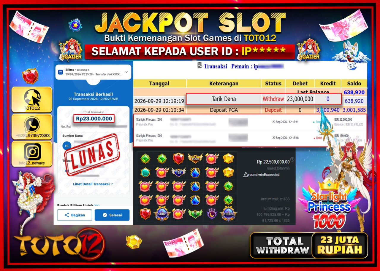 HANYA DI TOTO12 JP PASTI DI BAYAR LUNAS DAN CEPAT!!!!!! JACKPOT SLOT GAME (STARLIGHT PRINCESS 1000) Rp23.000.000!!!!