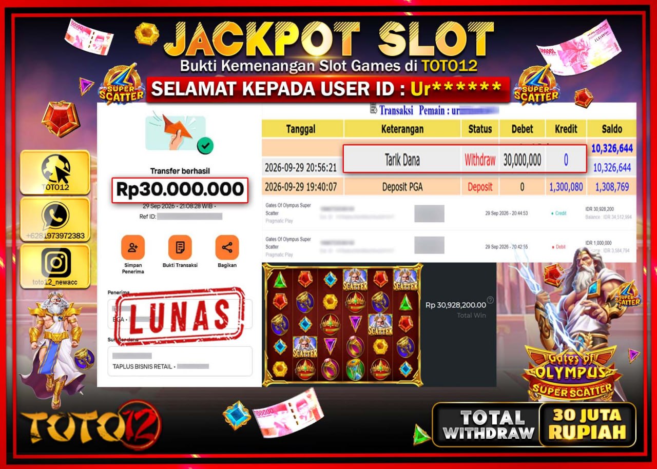 HANYA DI TOTO12 JP PASTI DI BAYAR LUNAS DAN CEPAT!!!!!! JACKPOT SLOT GAME (GATES OF OLYMPUS SUPER SCATTER) Rp30.000.000!!!!