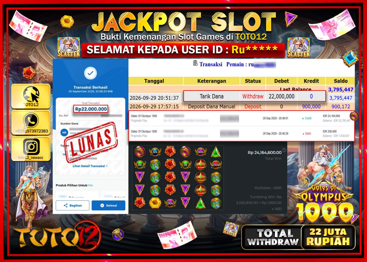 HANYA DI TOTO12 JP PASTI DI BAYAR LUNAS DAN CEPAT!!!!!! JACKPOT SLOT GAME (GATES OF OLYMPUS 1000) Rp22.000.000!!!!