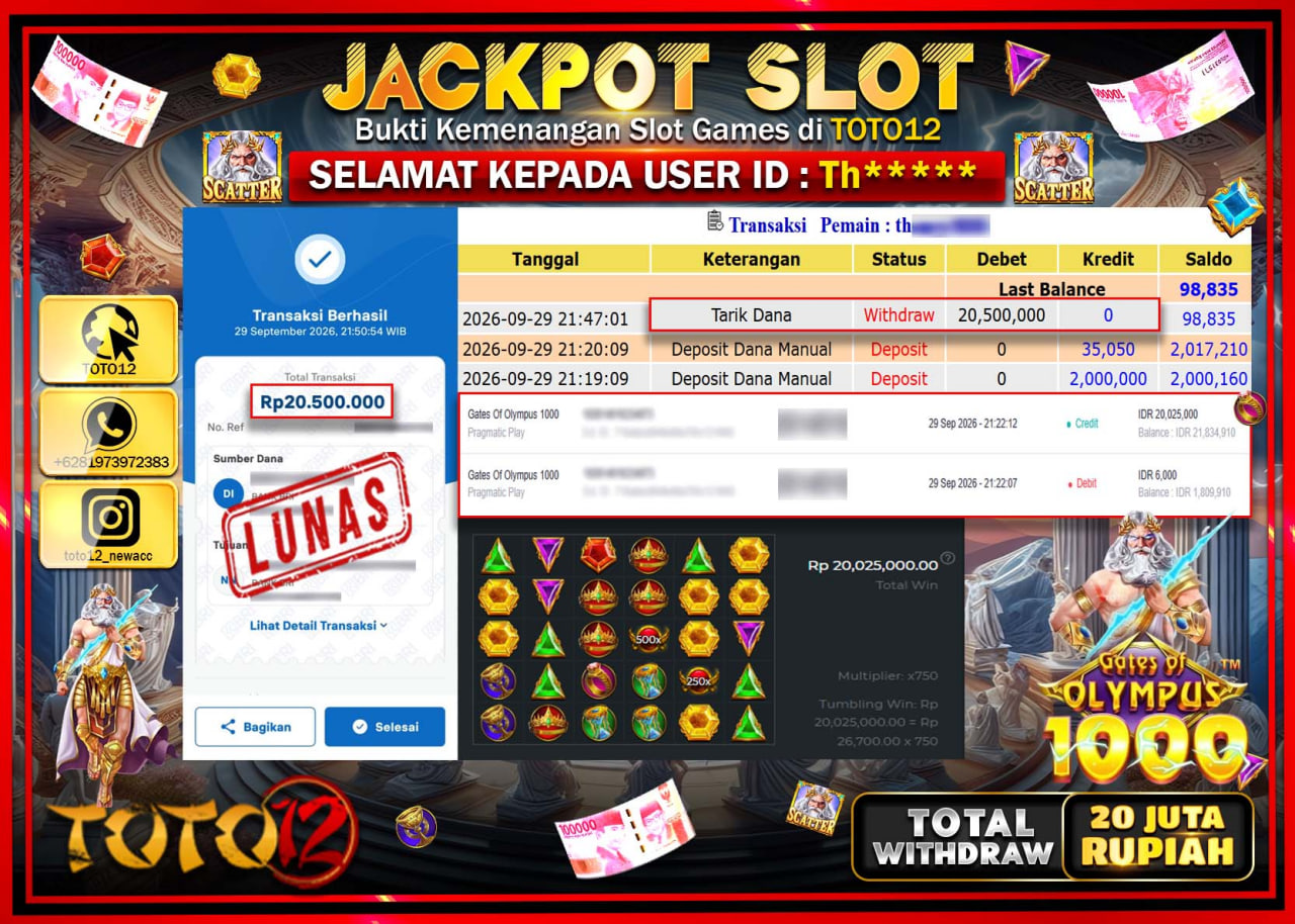 HANYA DI TOTO12 JP PASTI DI BAYAR LUNAS DAN CEPAT!!!!!! JACKPOT SLOT GAME (GATES OF OLYMPUS 1000) Rp20.500.000!!!!