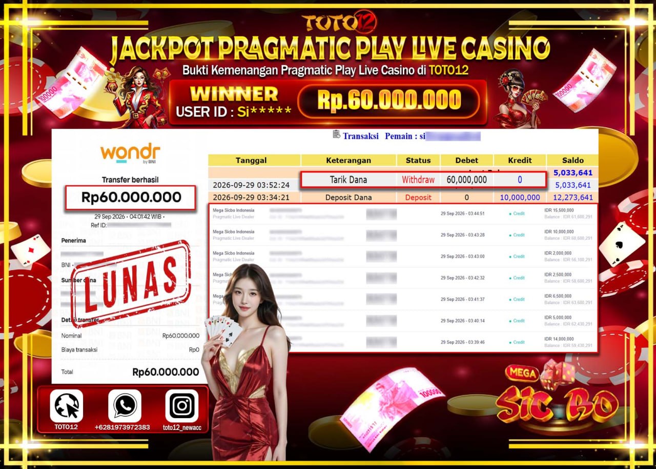 HANYA DI TOTO12 JP PASTI DI BAYAR LUNAS DAN CEPAT!!!!!! JACKPOT PRAGMATIC PLAY LIVE CASINO(MEGA SICBO INDONESIA) Rp60.000.000!!!!