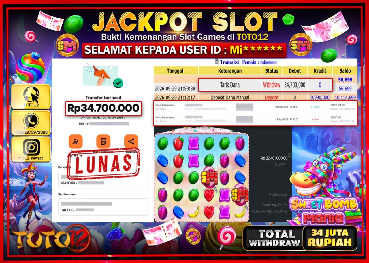 HANYA DI TOTO12 JP PASTI DI BAYAR LUNAS DAN CEPAT!!!!!! JACKPOT SLOT GAME (SWEET BOMB MANIA) Rp34.700.000!!!!