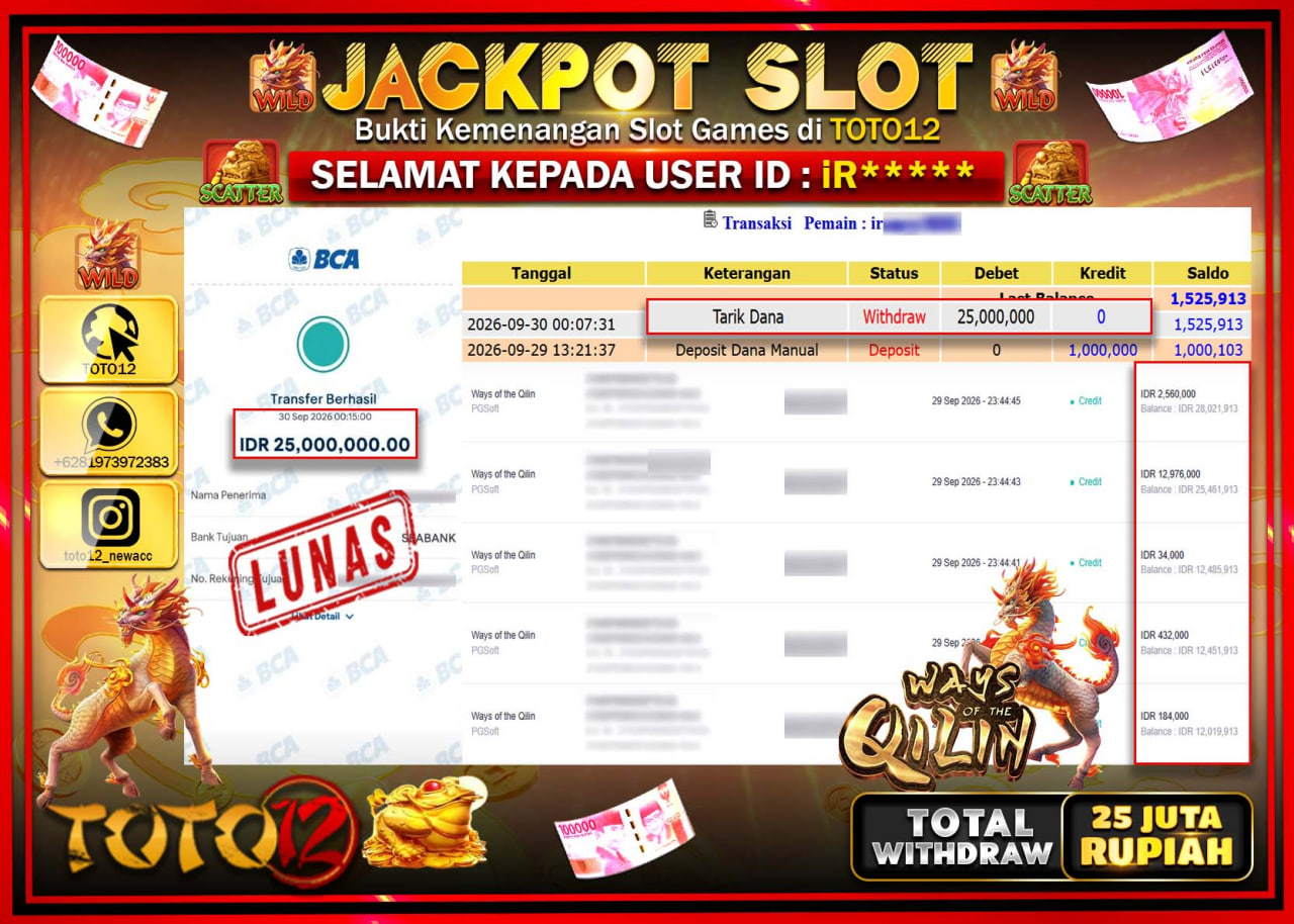 HANYA DI TOTO12 JP PASTI DI BAYAR LUNAS DAN CEPAT!!!!!! JACKPOT SLOT GAME (WAYS OF THE QILIN) Rp25.000.000!!!!