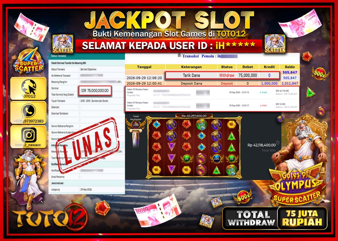 HANYA DI TOTO12 JP PASTI DI BAYAR LUNAS DAN CEPAT!!!!!! JACKPOT SLOT GAME (GATES OF OLYMPUS SUPER SCATTER) Rp75.000.000!!!!