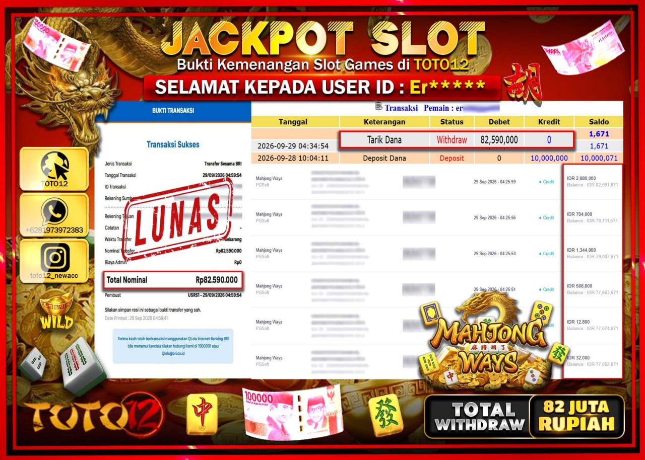 HANYA DI TOTO12 JP PASTI DI BAYAR LUNAS DAN CEPAT!!!!!! JACKPOT SLOT GAME (MAHJONG WAYS) Rp82.590.000!!!!
