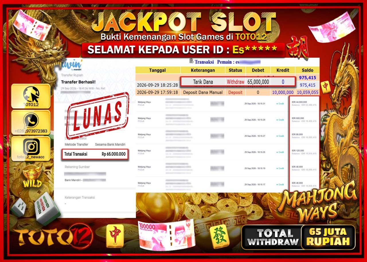 HANYA DI TOTO12 JP PASTI DI BAYAR LUNAS DAN CEPAT!!!!!! JACKPOT SLOT GAME (MAHJONG WAYS) Rp65.000.000!!!!
