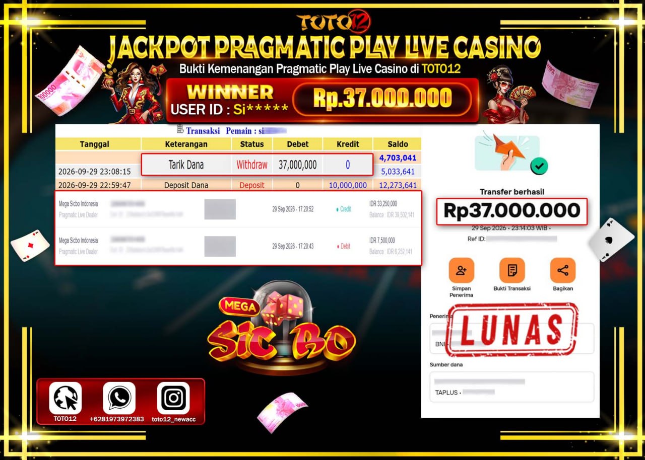 HANYA DI TOTO12 JP PASTI DI BAYAR LUNAS DAN CEPAT!!!!!! JACKPOT PRAGMATIC PLAY LIVE CASINO (MEGA SICBO INDONESIA) Rp37.000.000!!!!