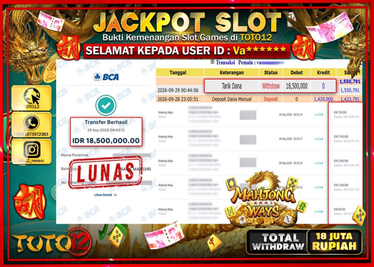 HANYA DI TOTO12 JP PASTI DI BAYAR LUNAS DAN CEPAT!!!!!! JACKPOT SLOT GAME (MAHJONG WAYS) Rp18.500.000!!!!