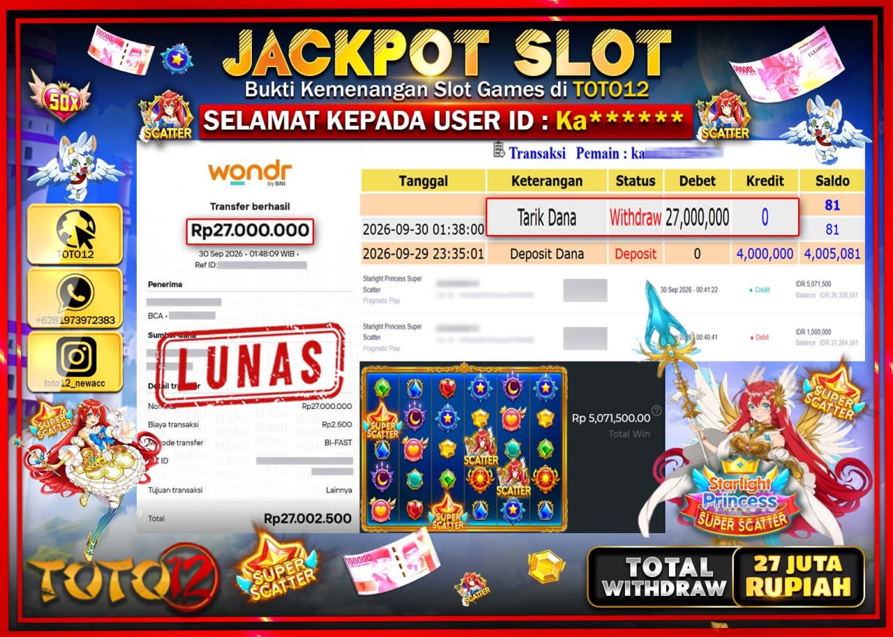 HANYA DI TOTO12 JP PASTI DI BAYAR LUNAS DAN CEPAT!!!!!! JACKPOT SLOT GAME (STARLIGHT PRINCESS SUPER SCATTER) Rp27.000.000!!!!