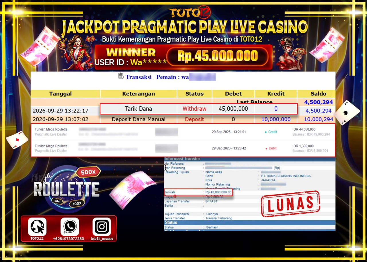 HANYA DI TOTO12 JP PASTI DI BAYAR LUNAS DAN CEPAT!!!!!! JACKPOT PRAGMATIC PLAY LIVE CASINO(TURKISH MEGA ROULETTE) Rp45.000.000!!!!