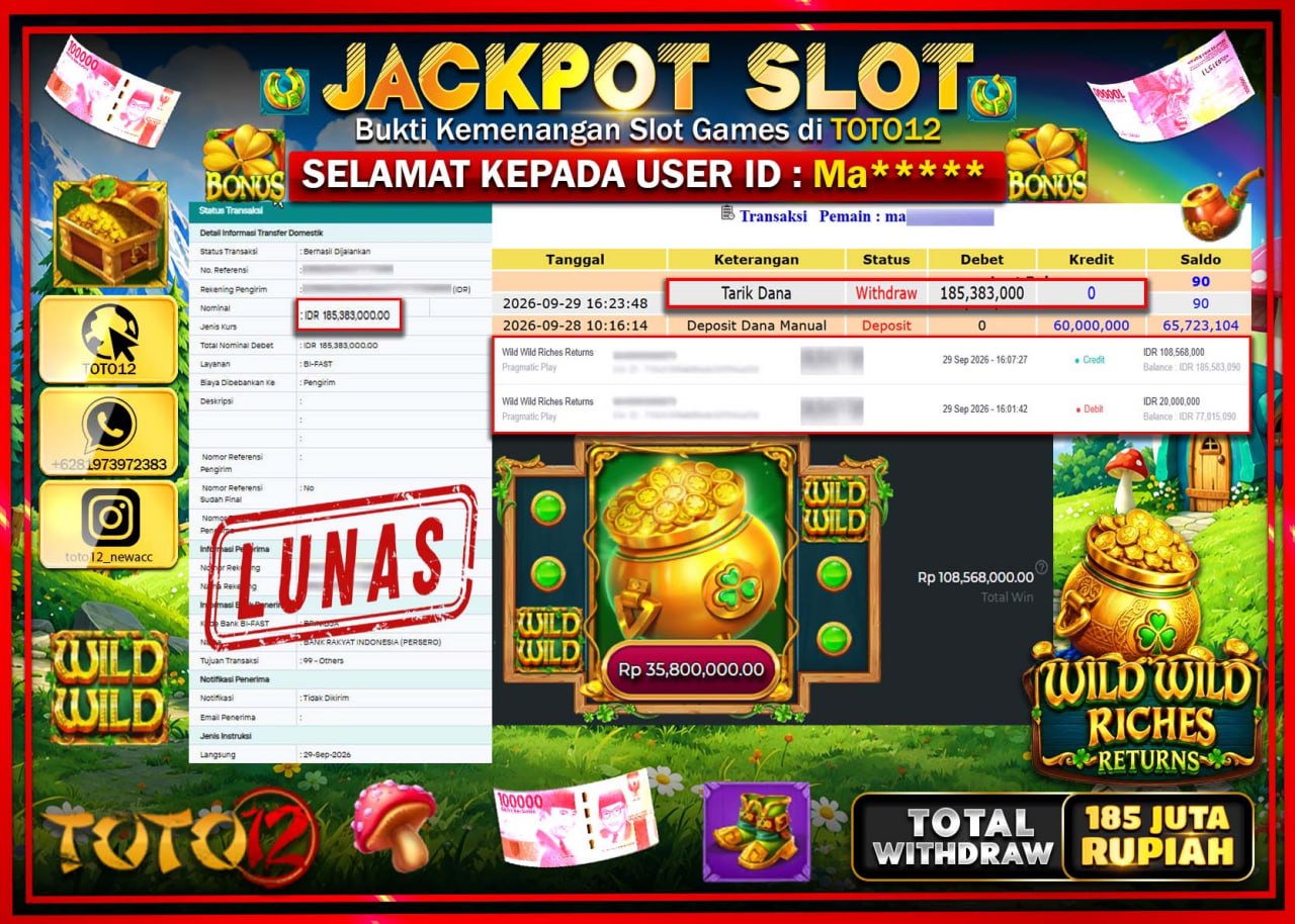 HANYA DI TOTO12 JP PASTI DI BAYAR LUNAS DAN CEPAT!!!!!! JACKPOT SLOT GAME (WILD WILD RICHES) Rp185.000.000!!!!