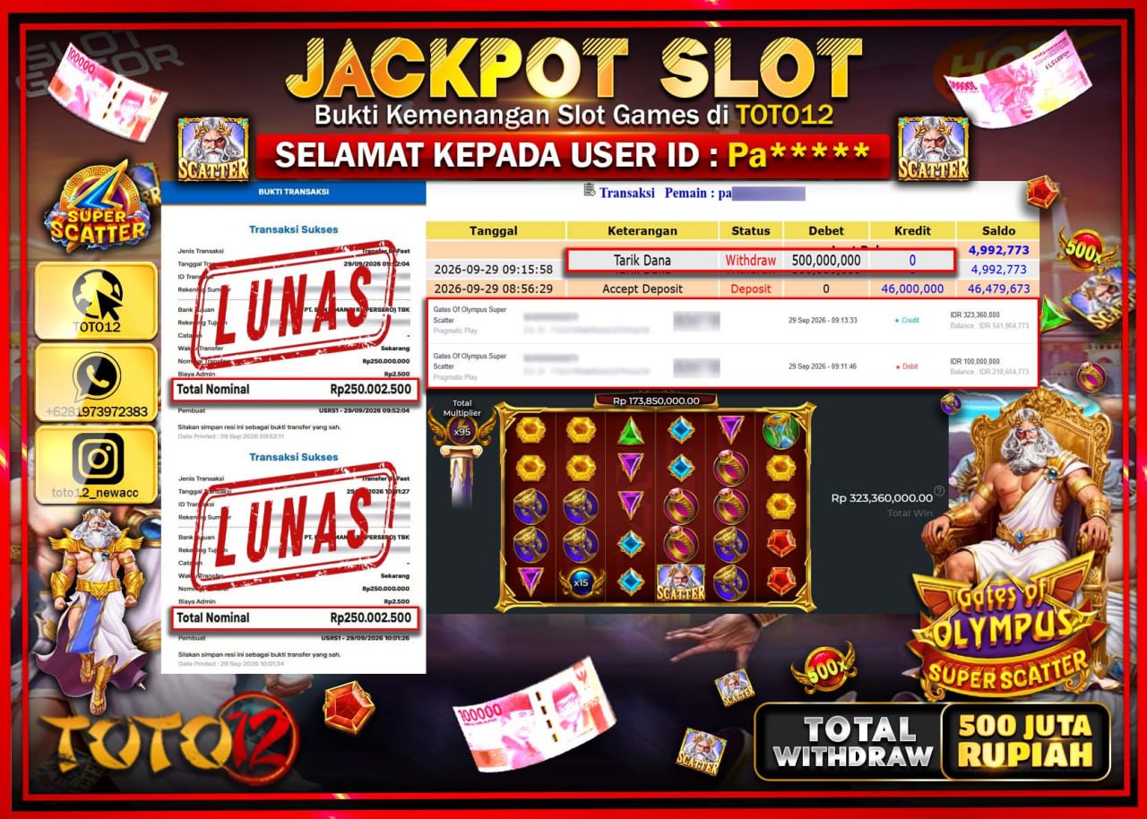 HANYA DI TOTO12 JP PASTI DI BAYAR LUNAS DAN CEPAT!!!!!! JACKPOT SLOT GAME (GATES OF OLYMPUS SUPER SCATTER) Rp500.000.000!!!!