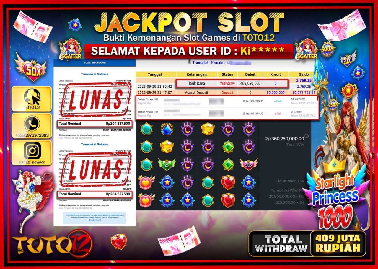 HANYA DI TOTO12 JP PASTI DI BAYAR LUNAS DAN CEPAT!!!!!! JACKPOT SLOT GAME (STARLIGHT PRINCESS 1000) Rp409.050.000!!!!