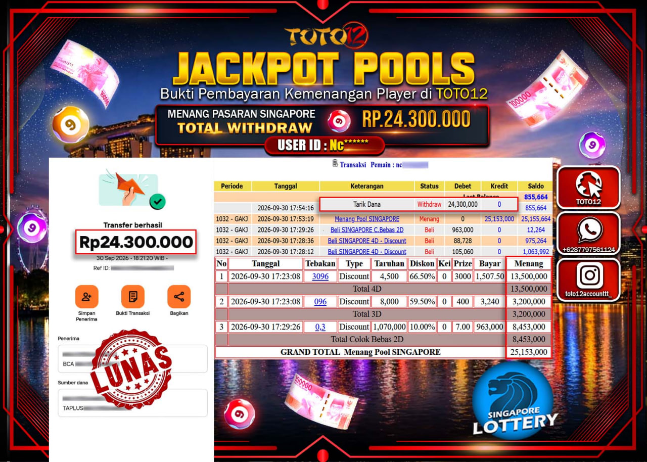 HANYA DI TOTO12 JP PASTI DI BAYAR LUNAS DAN CEPAT!!!!!! JACKPOT POOLS PASARAN (SINGAPORE) Rp24.300.000!!!!