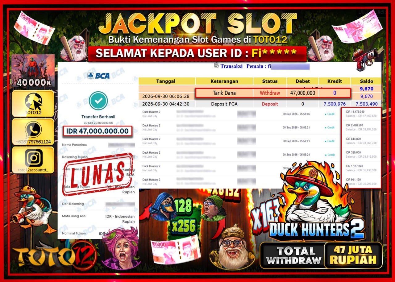 HANYA DI TOTO12 JP PASTI DI BAYAR LUNAS DAN CEPAT!!!!!! JACKPOT SLOT GAME (DUCK HUNTERS 2) Rp47.000.000!!!!