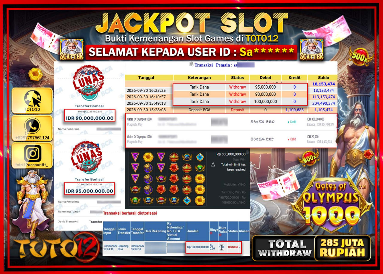 HANYA DI TOTO12 JP PASTI DI BAYAR LUNAS DAN CEPAT!!!!!! JACKPOT SLOT GAME (GATES OF OLYMPUS 1000) Rp285.000.000!!!!