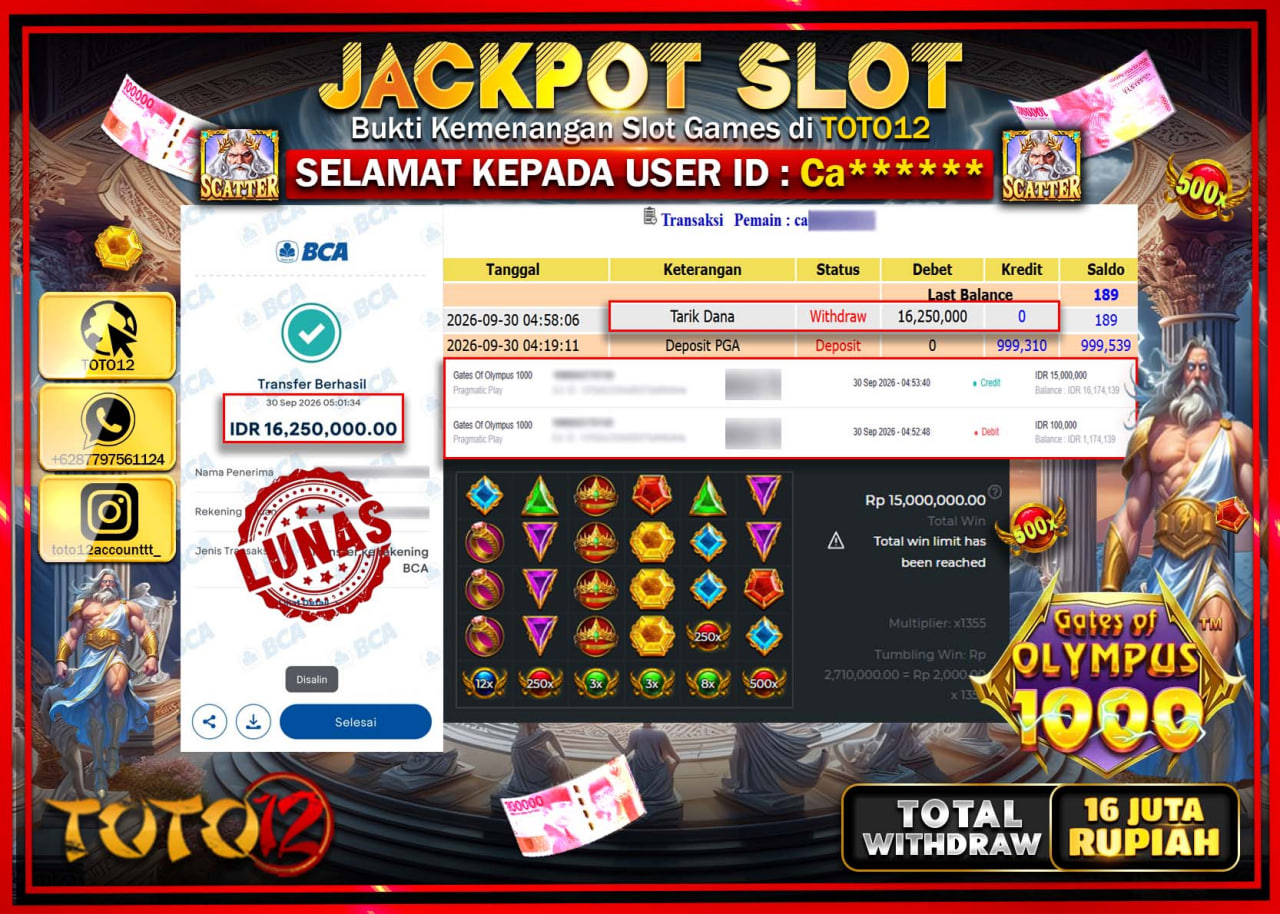 HANYA DI TOTO12 JP PASTI DI BAYAR LUNAS DAN CEPAT!!!!!! JACKPOT SLOT GAME (GATES OF OLYMPUS 1000) Rp16.250.000!!!!