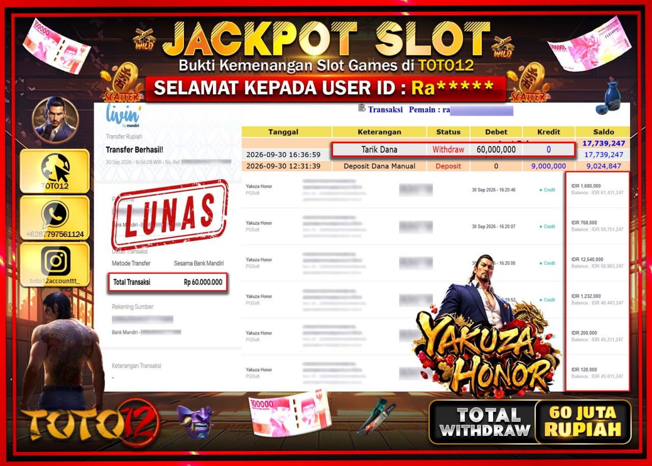 HANYA DI TOTO12 JP PASTI DI BAYAR LUNAS DAN CEPAT!!!!!! JACKPOT SLOT GAME (YAKUZA HONOR) Rp60.000.000!!!!