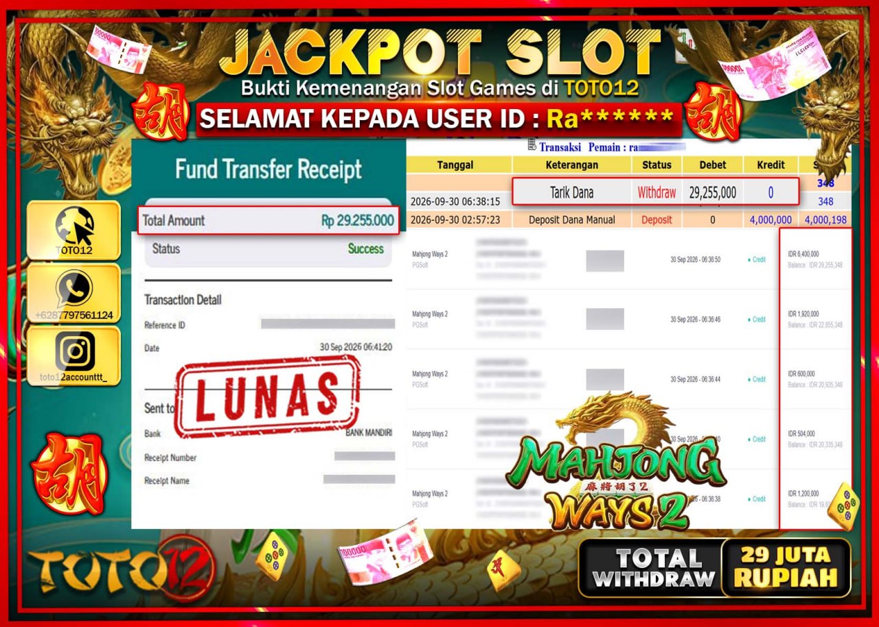 HANYA DI TOTO12 JP PASTI DI BAYAR LUNAS DAN CEPAT!!!!!! JACKPOT SLOT GAME (MAHJONG WAYS 2) Rp29.255.000!!!!