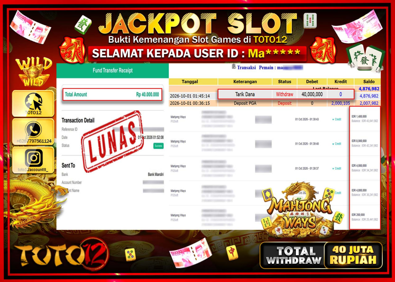 HANYA DI TOTO12 JP PASTI DI BAYAR LUNAS DAN CEPAT!!!!!! JACKPOT SLOT GAME (MAHJONG WAYS) Rp40.000.000!!!!