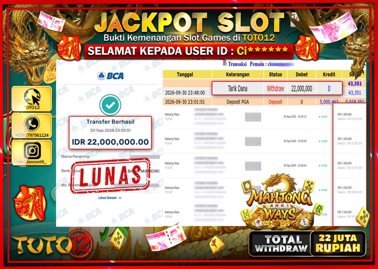 HANYA DI TOTO12 JP PASTI DI BAYAR LUNAS DAN CEPAT!!!!!! JACKPOT SLOT GAME (MAHJONG WAYS) Rp22.000.000!!!!