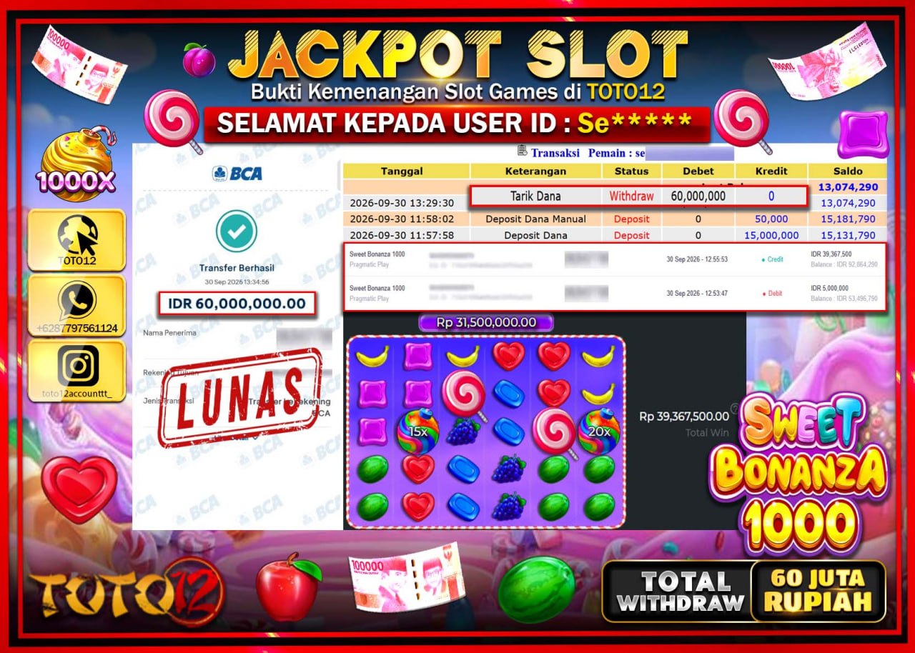 HANYA DI TOTO12 JP PASTI DI BAYAR LUNAS DAN CEPAT!!!!!! JACKPOT SLOT GAME (SWEET BONANZA 1000) Rp60.000.000!!!!