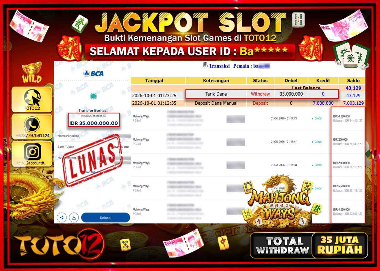 HANYA DI TOTO12 JP PASTI DI BAYAR LUNAS DAN CEPAT!!!!!! JACKPOT SLOT GAME (MAHJONG WAYS) Rp35.000.000!!!!