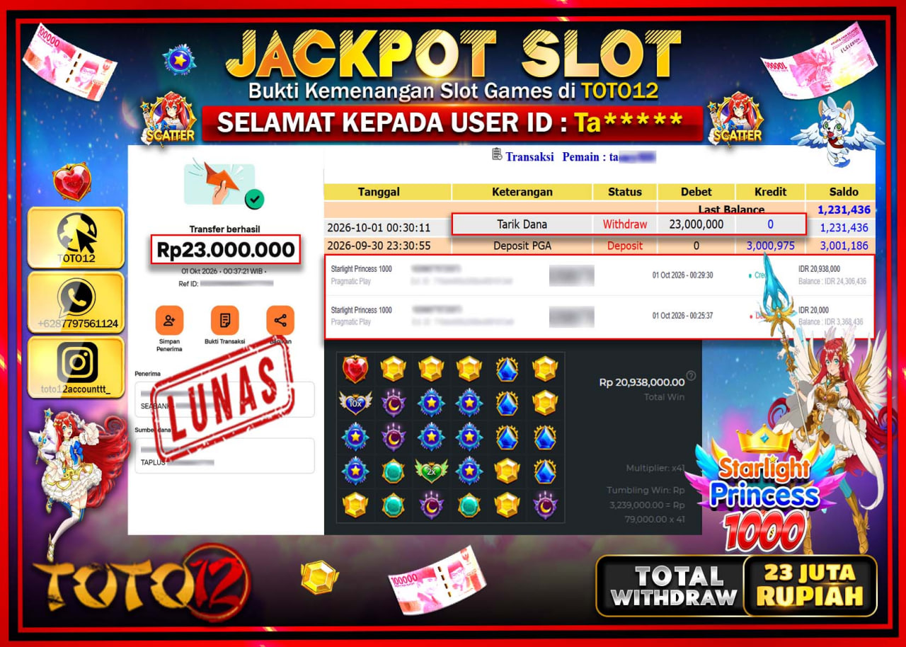 HANYA DI TOTO12 JP PASTI DI BAYAR LUNAS DAN CEPAT!!!!!! JACKPOT SLOT GAME (STARLIGHT PRINCESS 1000) Rp23.000.000!!!!