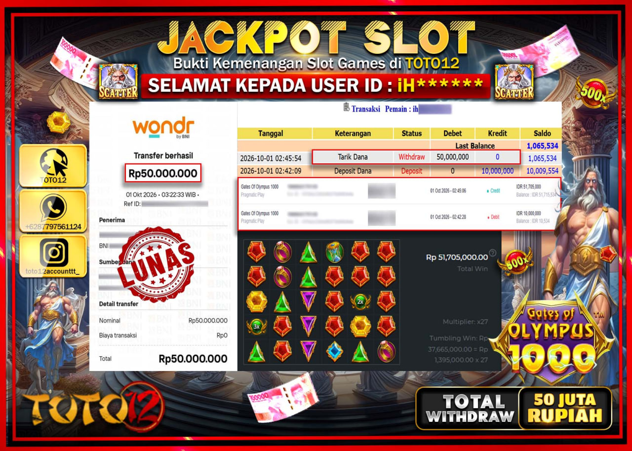 HANYA DI TOTO12 JP PASTI DI BAYAR LUNAS DAN CEPAT!!!!!! JACKPOT SLOT GAME (GATES OF OLYMPUS 1000) Rp50.000.000!!!!