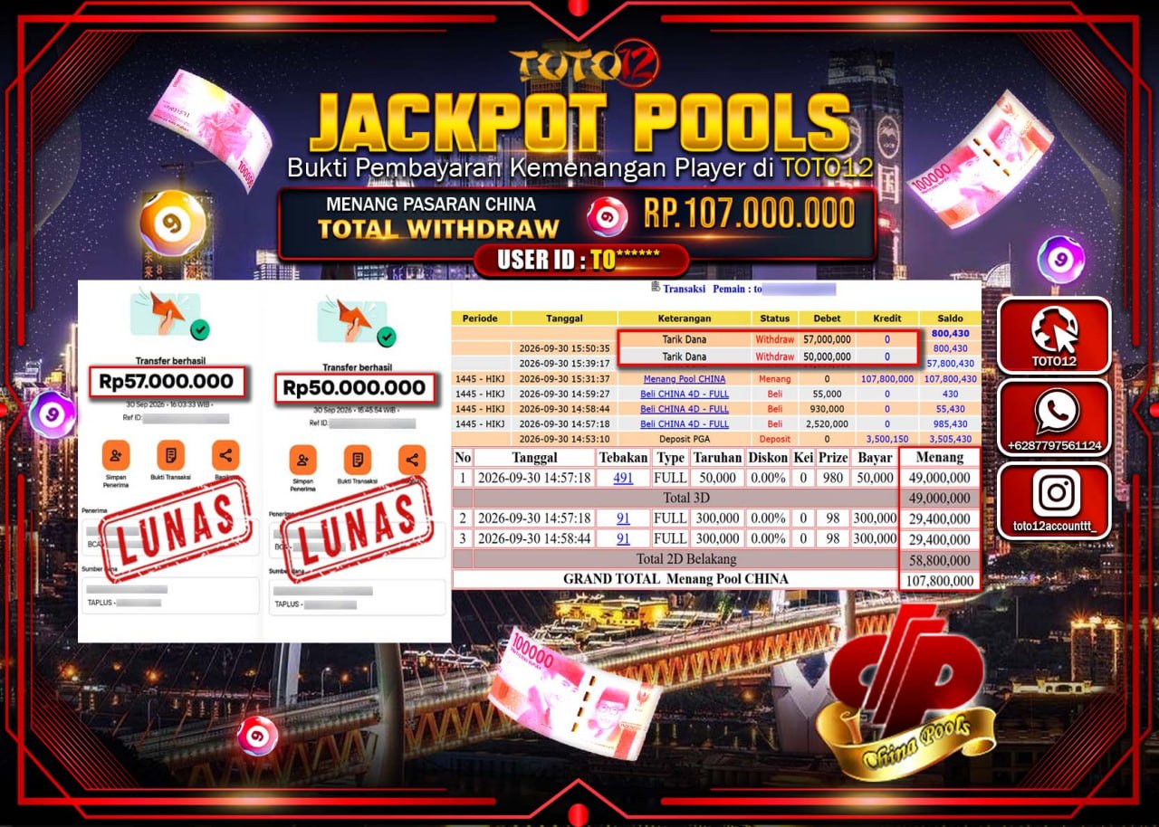 HANYA DI TOTO12 JP PASTI DI BAYAR LUNAS DAN CEPAT!!!!!! JACKPOT POOLS PASARAN (CHINA) Rp107.000.000!!!!