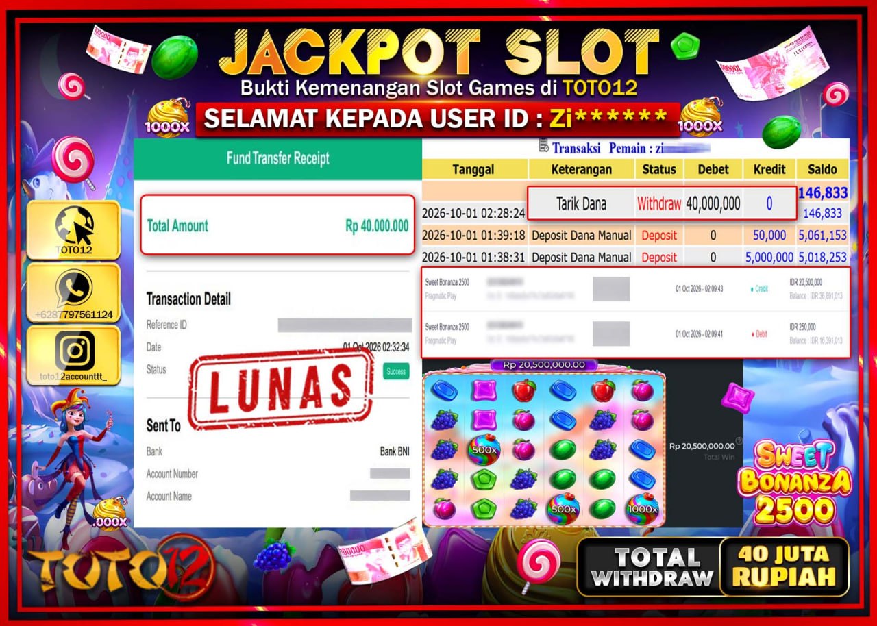 HANYA DI TOTO12 JP PASTI DI BAYAR LUNAS DAN CEPAT!!!!!! JACKPOT SLOT GAME (SWEET BONANZA 2500) Rp40.000.000!!!!