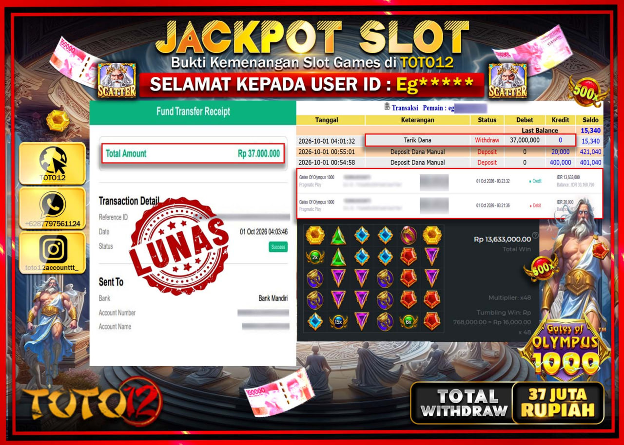 HANYA DI TOTO12 JP PASTI DI BAYAR LUNAS DAN CEPAT!!!!!! JACKPOT SLOT GAME (GATES OF OLYMPUS 1000) Rp37.000.000!!!!