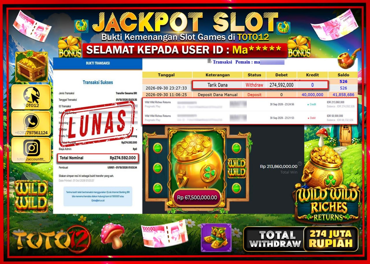 HANYA DI TOTO12 JP PASTI DI BAYAR LUNAS DAN CEPAT!!!!!! JACKPOT SLOT GAME (WILD WILD RICHES  RETURNS) Rp274.592.000!!!!
