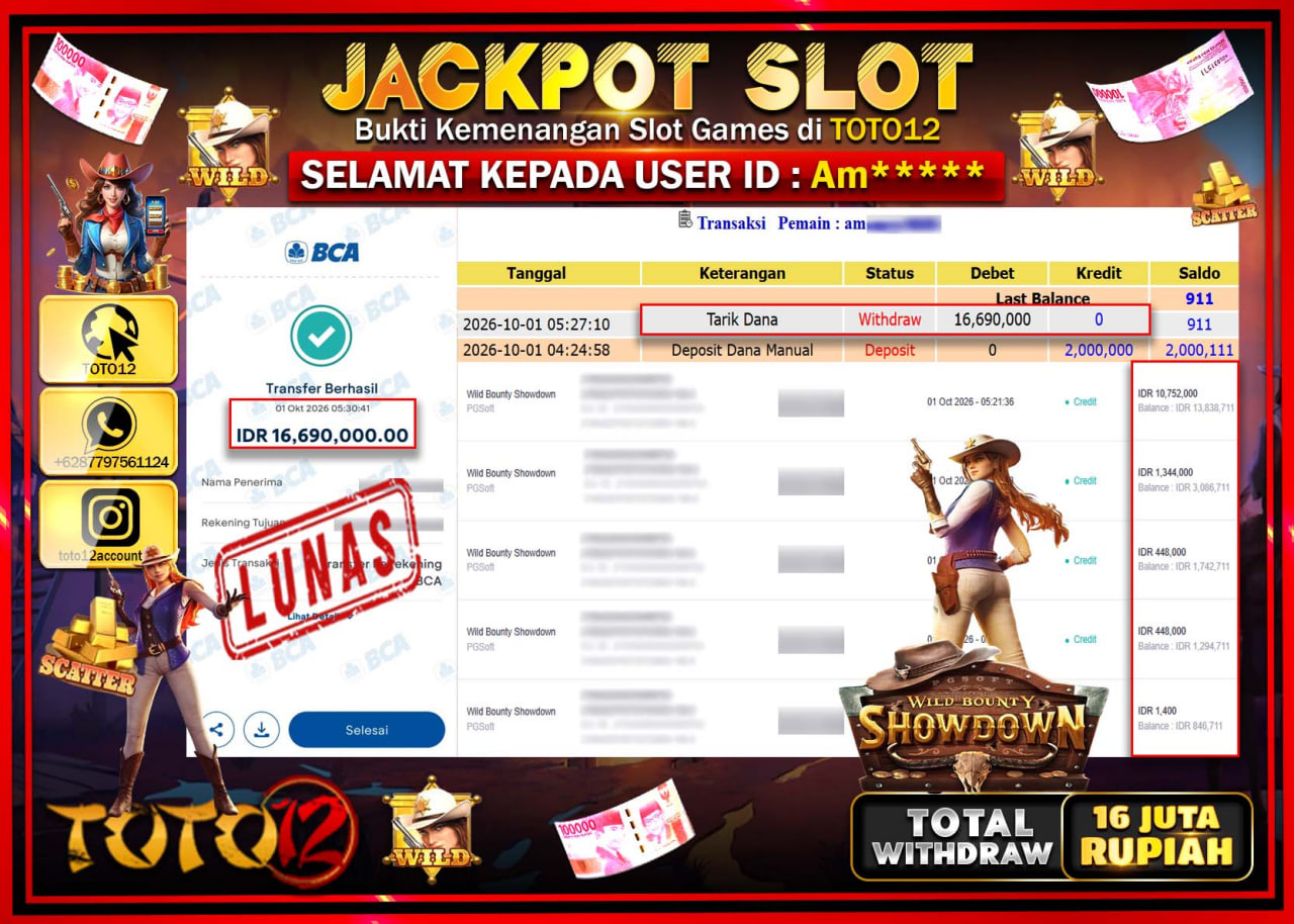 HANYA DI TOTO12 JP PASTI DI BAYAR LUNAS DAN CEPAT!!!!!! JACKPOT SLOT GAME (WILD BOUNTY SHOWDOWN) Rp16.690.000!!!!
