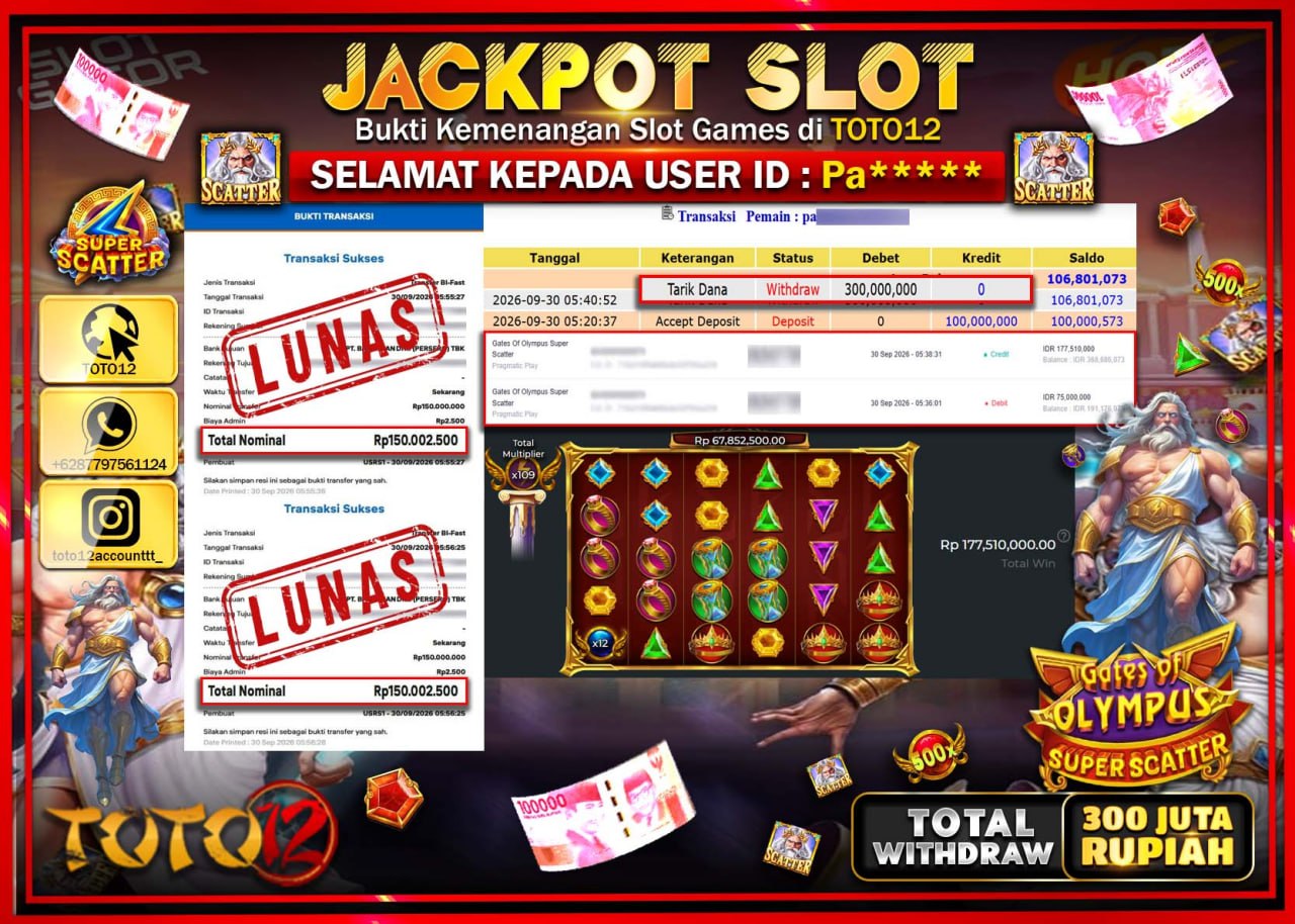 HANYA DI TOTO12 JP PASTI DI BAYAR LUNAS DAN CEPAT!!!!!! JACKPOT SLOT GAME (GATES OF OLYMPUS SUPER SCATTER) Rp300.000.000!!!!