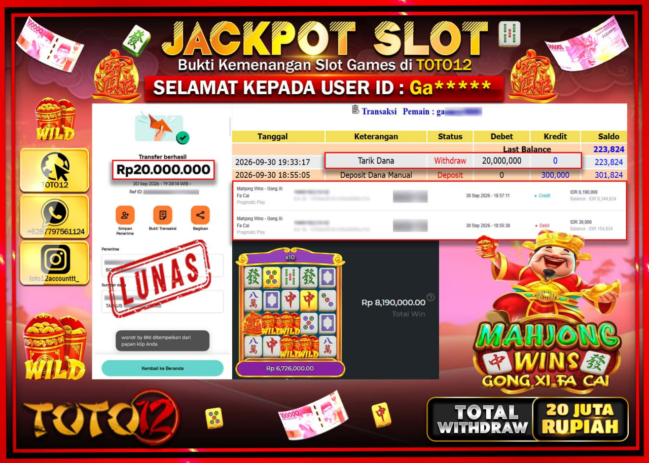 HANYA DI TOTO12 JP PASTI DI BAYAR LUNAS DAN CEPAT!!!!!! JACKPOT SLOT GAME (MAHJONG WINS GONG XI FA CAI) Rp20.000.000!!!!