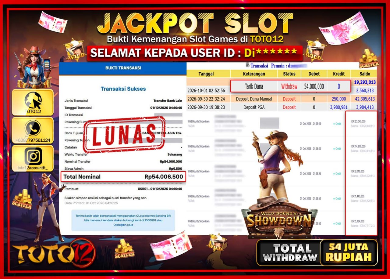 HANYA DI TOTO12 JP PASTI DI BAYAR LUNAS DAN CEPAT!!!!!! JACKPOT SLOT GAME (WILD BOUNTY SHOWDOWN) Rp54.000.000!!!!