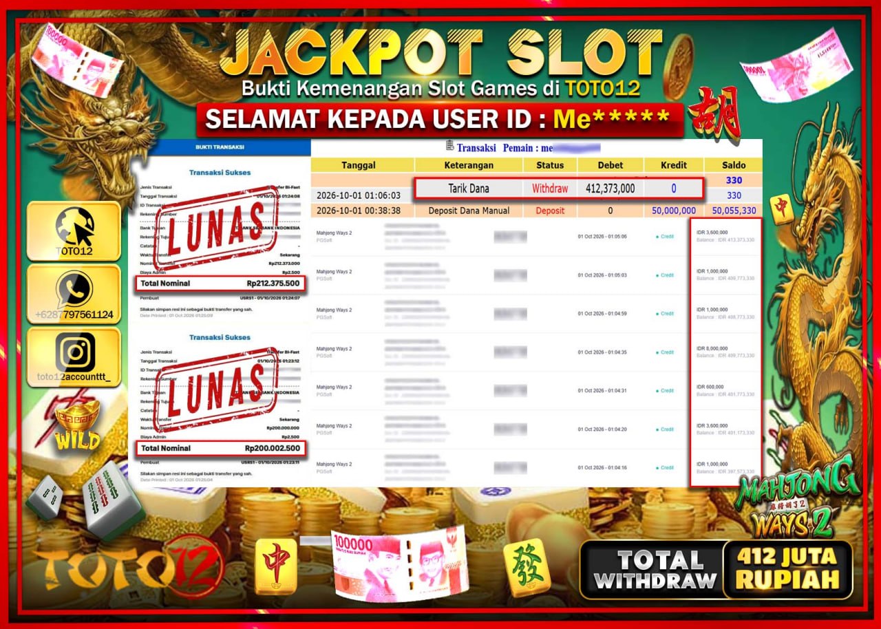 HANYA DI TOTO12 JP PASTI DI BAYAR LUNAS DAN CEPAT!!!!!! JACKPOT SLOT GAME (MAHJONG WAYS 2) Rp412.373.000!!!!