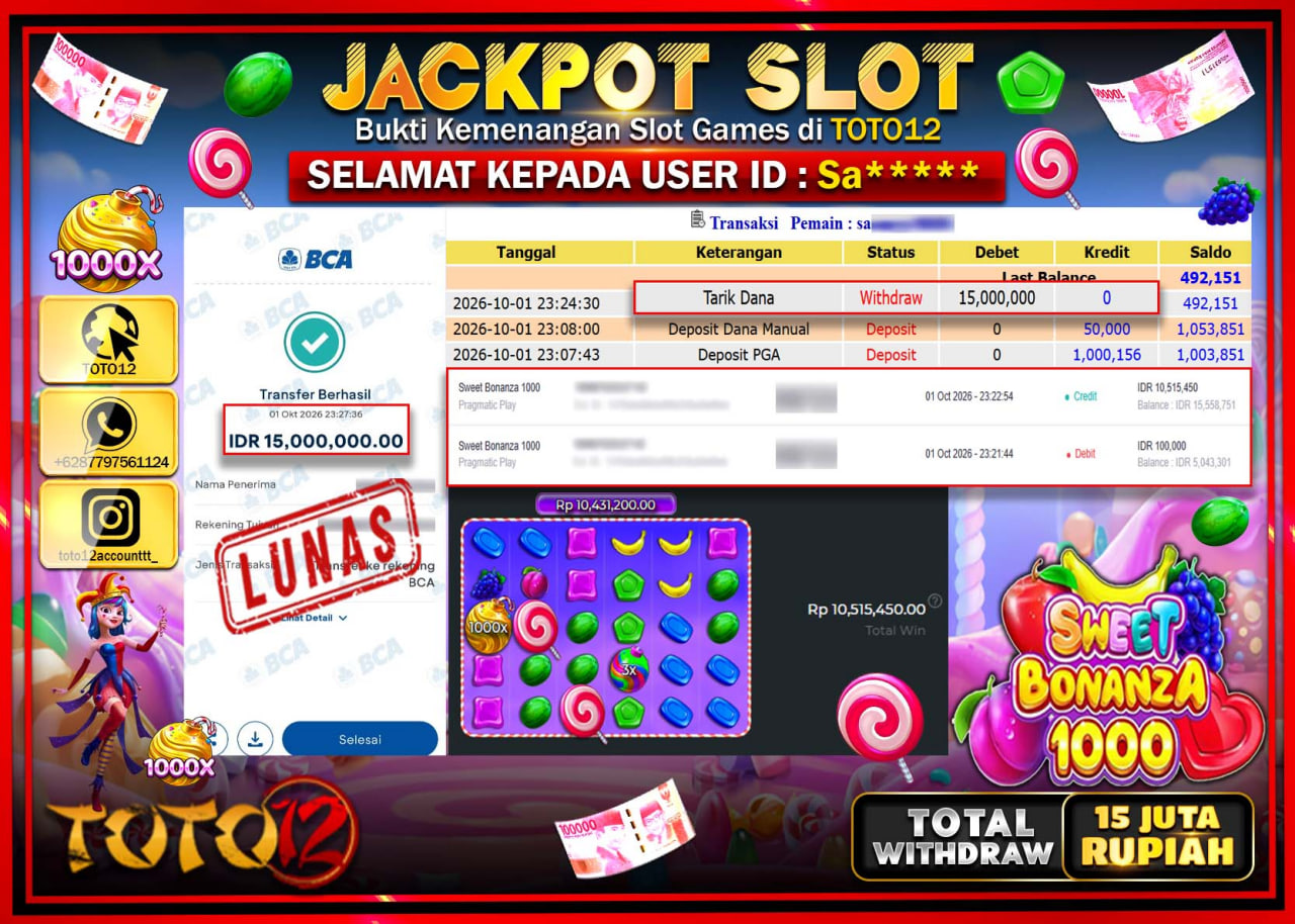 HANYA DI TOTO12 JP PASTI DI BAYAR LUNAS DAN CEPAT!!!!!! JACKPOT SLOT GAME (SWEET BONANZA 1000) Rp15.000.000!!!!