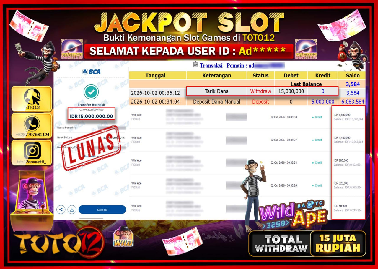 HANYA DI TOTO12 JP PASTI DI BAYAR LUNAS DAN CEPAT!!!!!! JACKPOT SLOT GAME (WILD APE) Rp15.000.000!!!!