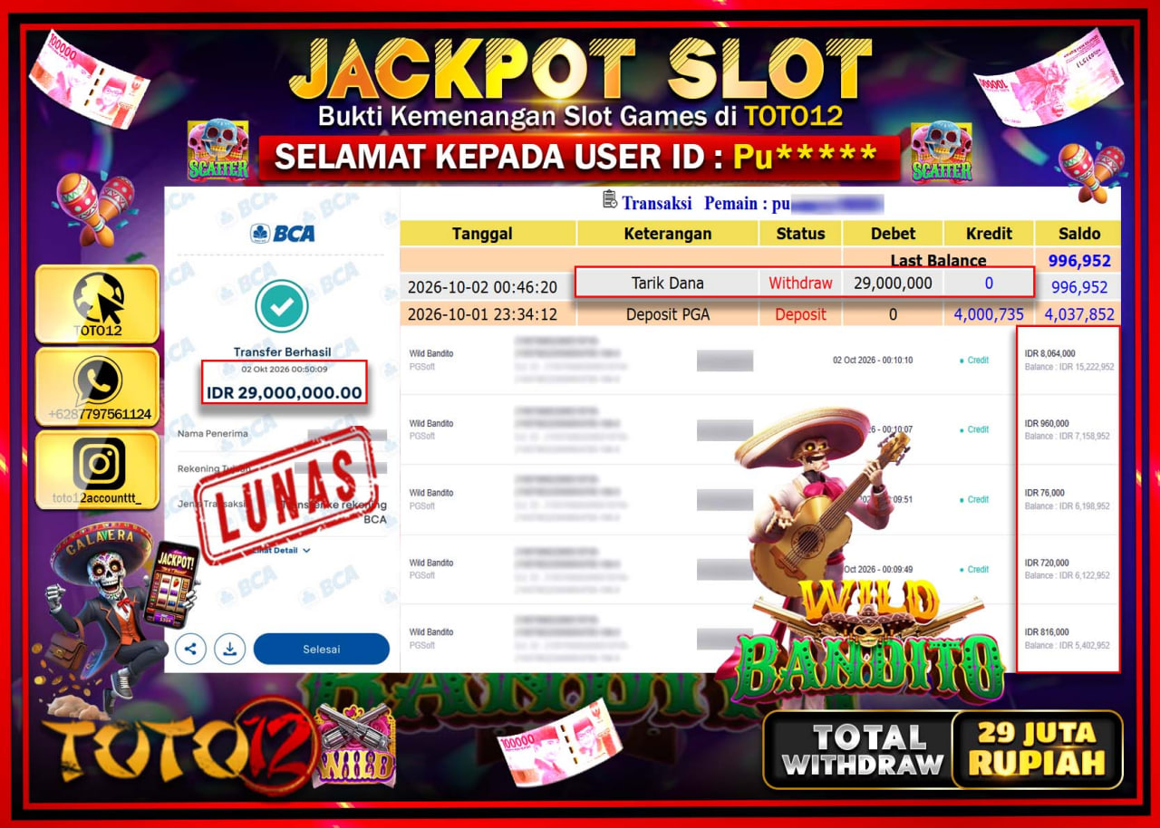 HANYA DI TOTO12 JP PASTI DI BAYAR LUNAS DAN CEPAT!!!!!! JACKPOT SLOT GAME (WILD BANDITO) Rp29.000.000!!!!