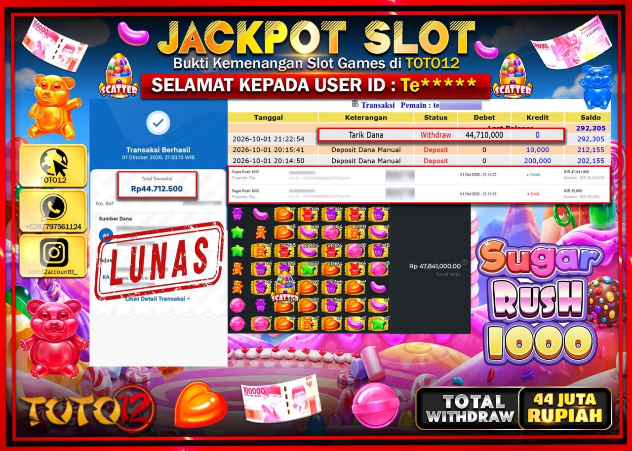 HANYA DI TOTO12 JP PASTI DI BAYAR LUNAS DAN CEPAT!!!!!! JACKPOT SLOT GAME (SUGAR RUSH 1000) Rp44.710.000!!!!