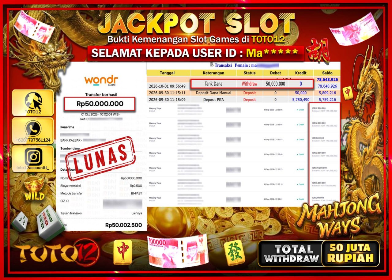 HANYA DI TOTO12 JP PASTI DI BAYAR LUNAS DAN CEPAT!!!!!! JACKPOT SLOT GAME (MAHJONG WAYS) Rp50.000.000!!!!