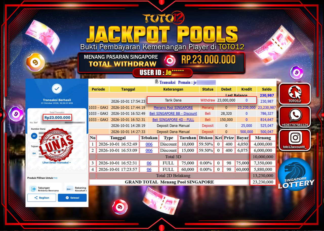 HANYA DI TOTO12 JP PASTI DI BAYAR LUNAS DAN CEPAT!!!!!! JACKPOT POOLS PASARAN (SINGAPORE) Rp23.000.000!!!!